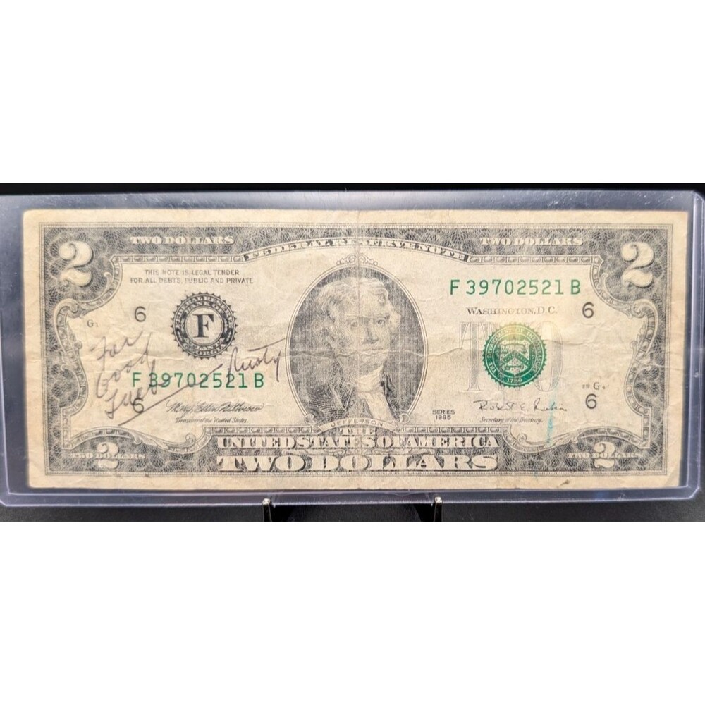 1995 $2 Federal Reserve Note • Circulated • Handwritten Message • F39702521B